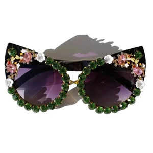 New Rhinestone Cat Eye Sunglasses Luxury Green Black Flowers Bumble Bee Summer